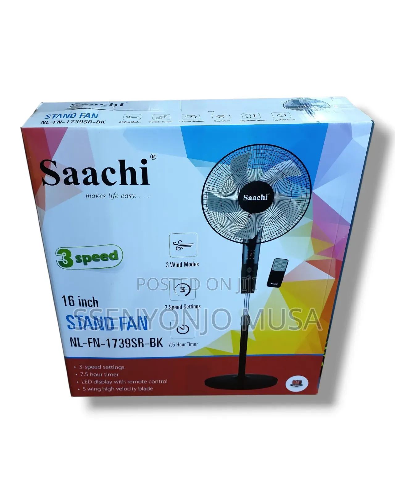 Saachi Stand Fan 16" Nl-Fn-1739sr-Bk - 3-Speed, 3 Wind