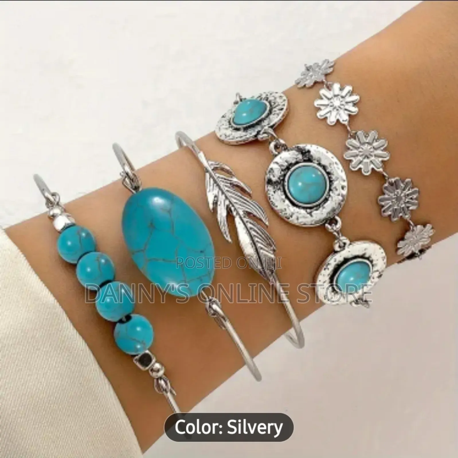 Bohemian Style Set of 5 Bracelets With Turquoise, Feather, and Vintage