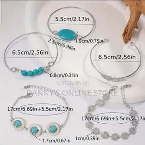 Bohemian Style Set of 5 Bracelets With Turquoise, Feather, and Vintage