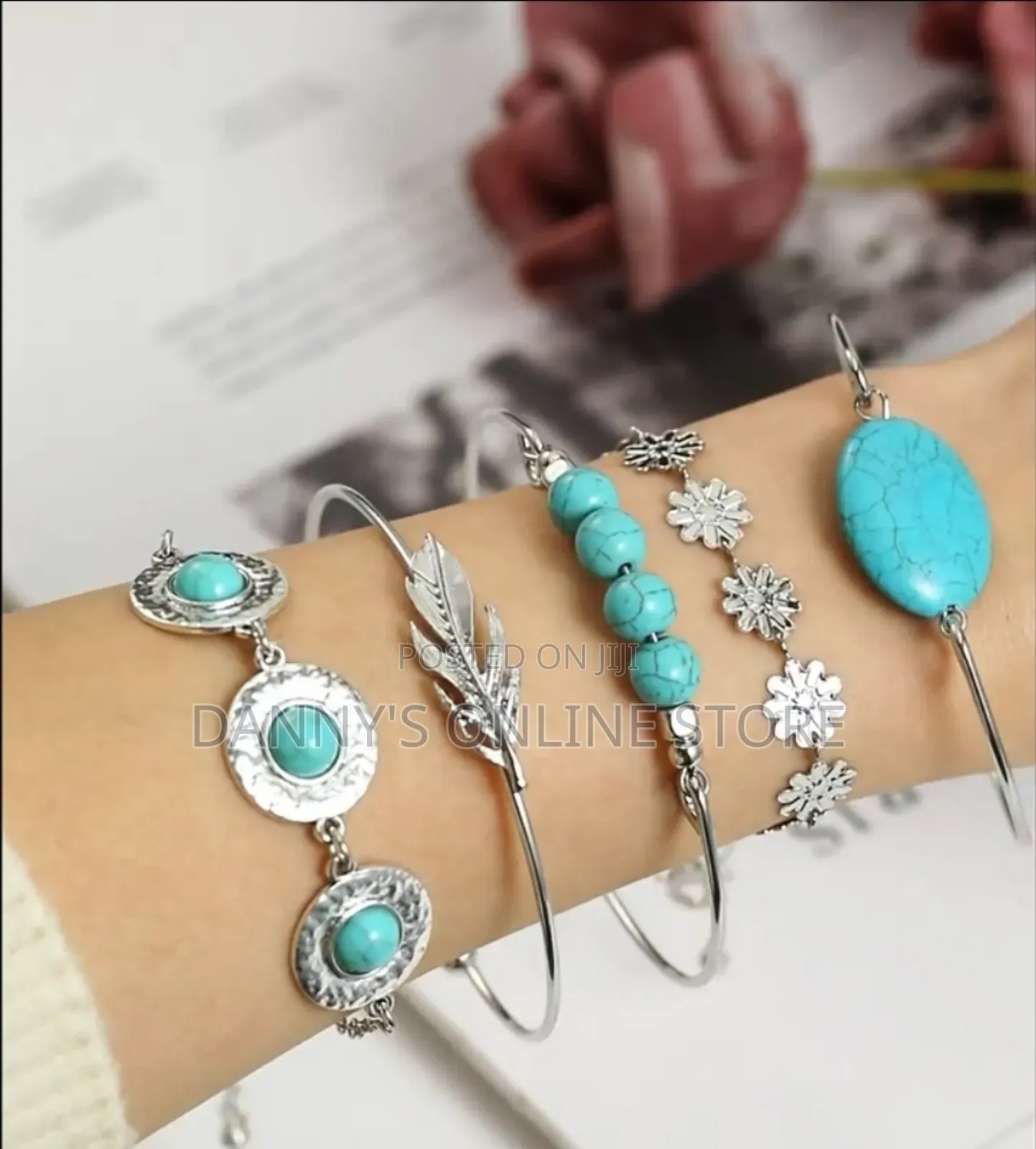 Bohemian Style Set of 5 Bracelets With Turquoise, Feather, and Vintage