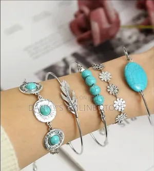 Bohemian Style Set of 5 Bracelets With Turquoise, Feather, and Vintage