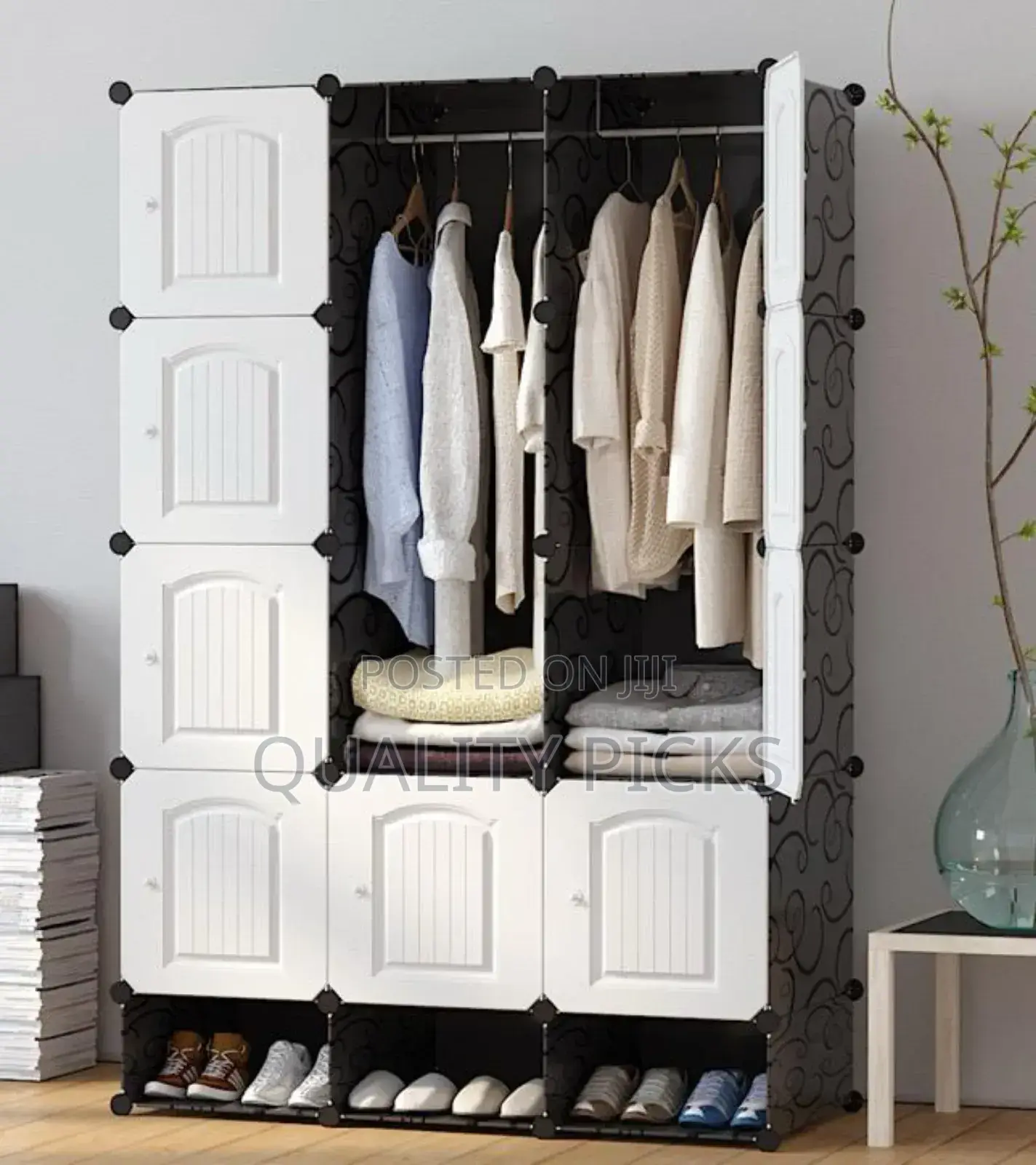 Plastic Wardrobe Three Columns And Shoe Rack.