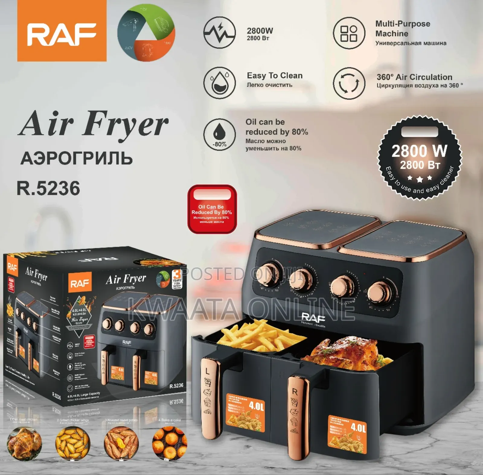 8 Liter(4l+4l) Raf Air Fryer, 2800w, Hot Oven Cooker,R-5236