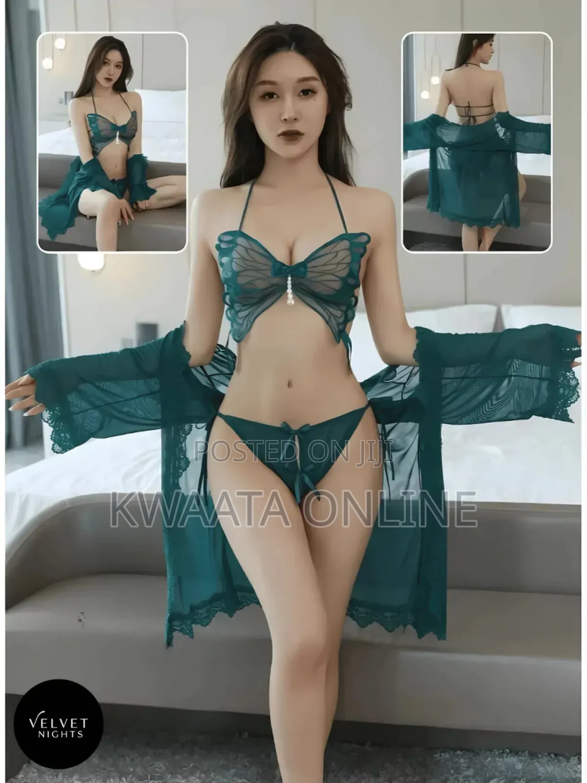 3piece Butterfly Lace Sexy Lingerie Set With Sheer Robe Erotic Nightie