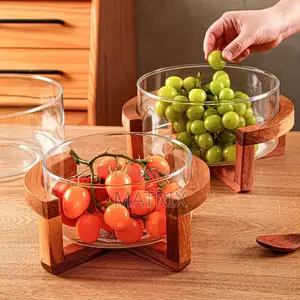 1pc Glass Salad- Serving Glass Dishe With Wooden Bases