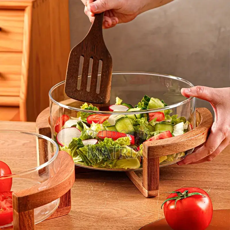 1pc Glass Salad- Serving Glass Dishe With Wooden Bases