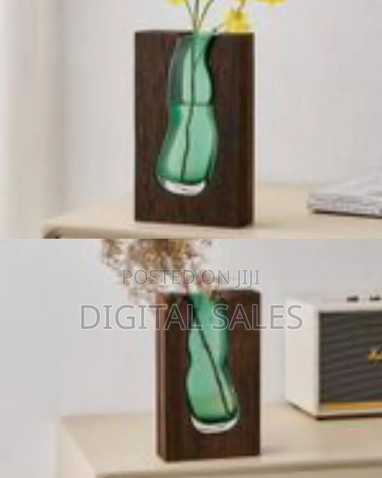 Green Glass Vase With Wood Frame, Modern Farmhouse Bohemian Pampas