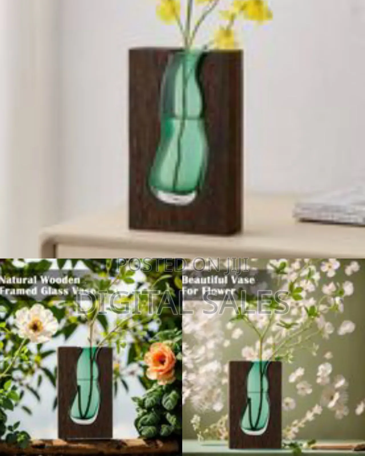 Green Glass Vase With Wood Frame, Modern Farmhouse Bohemian Pampas