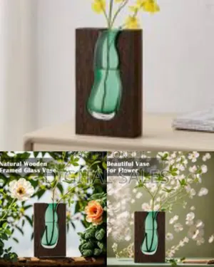 Green Glass Vase With Wood Frame, Modern Farmhouse Bohemian Pampas