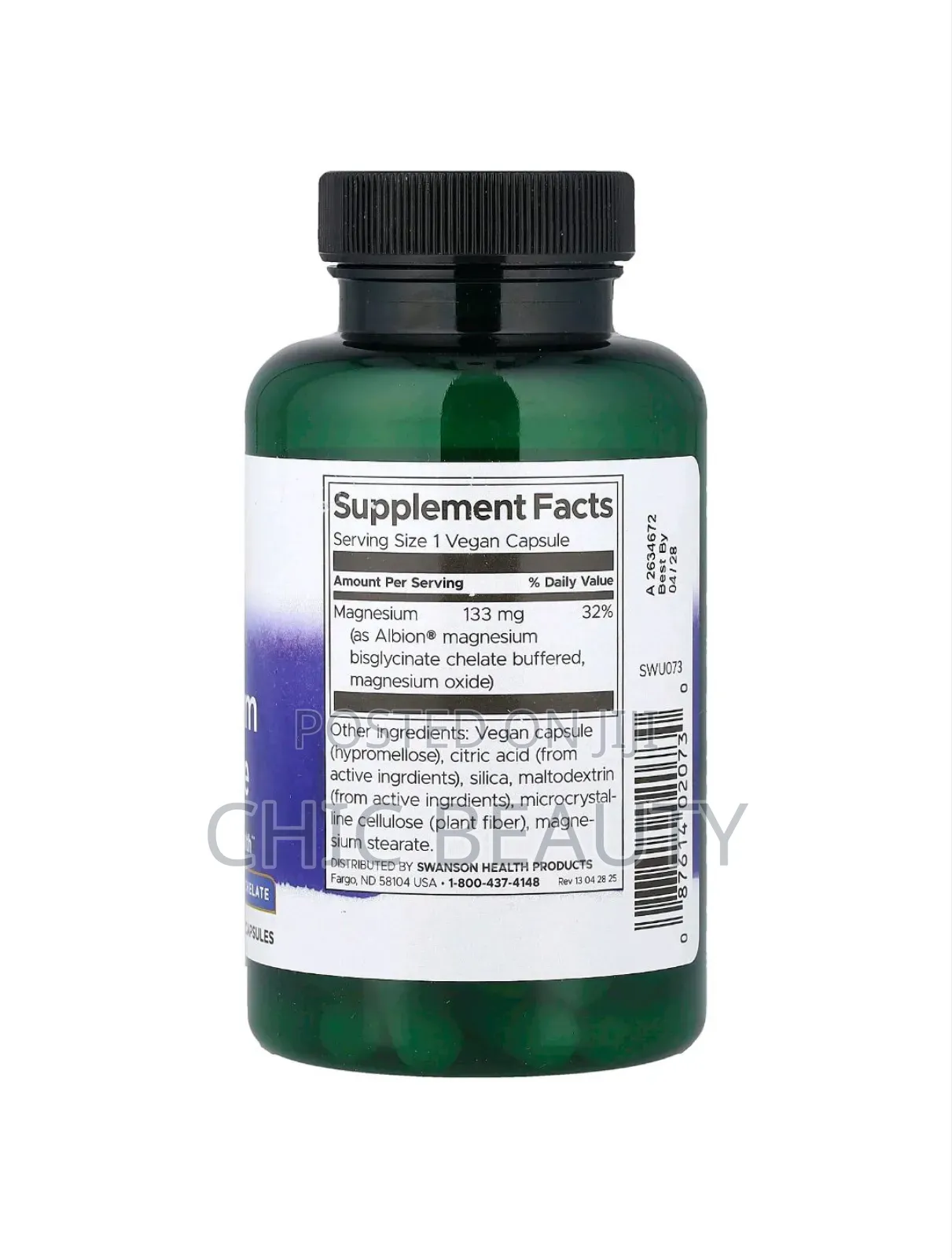Swanson Albion Magnesium Glycinate Muscle and Bone, 90 Vegan Capsules