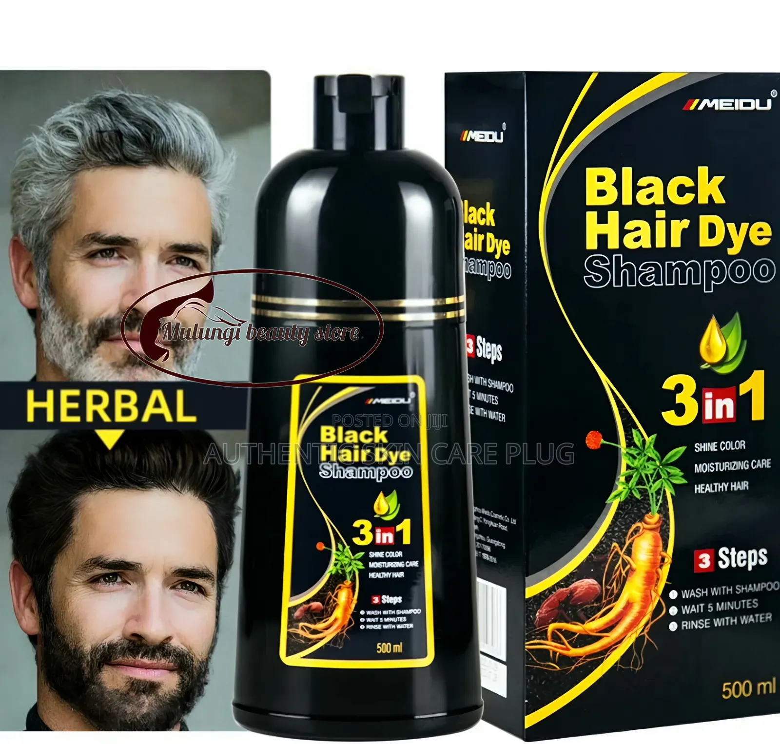 Instant Hair Grey Coverage Black Shampoo, 3 in 1 Black Dye.