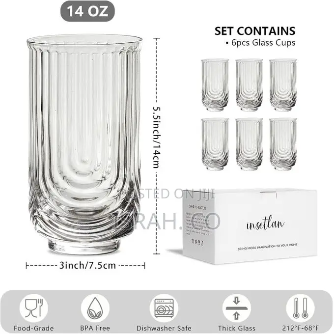 Set of 6 Juice Water Drinking Glasses, Arch Design Cocktail