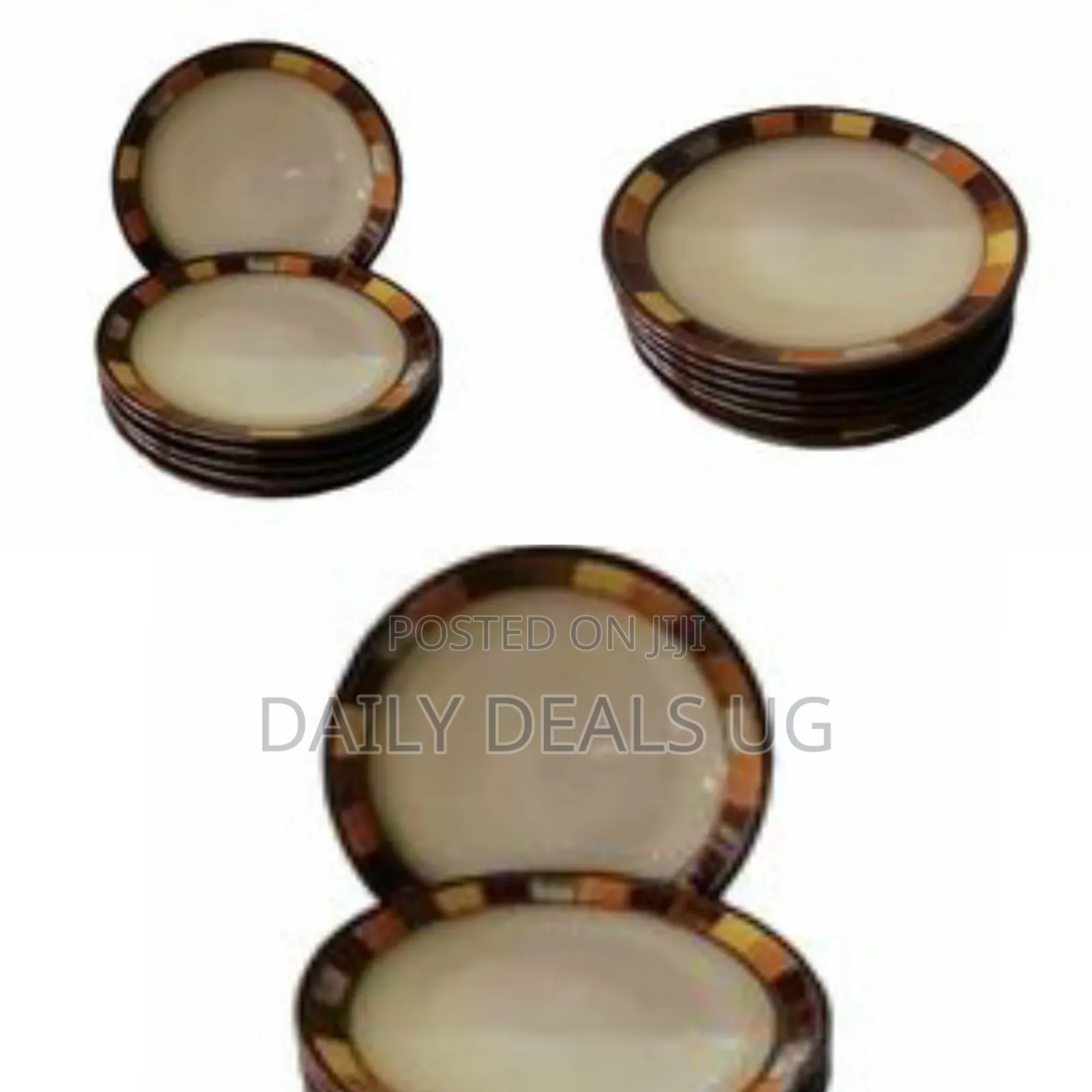 6 Pieces of Checked Food Serving Dinner Plates, Cream