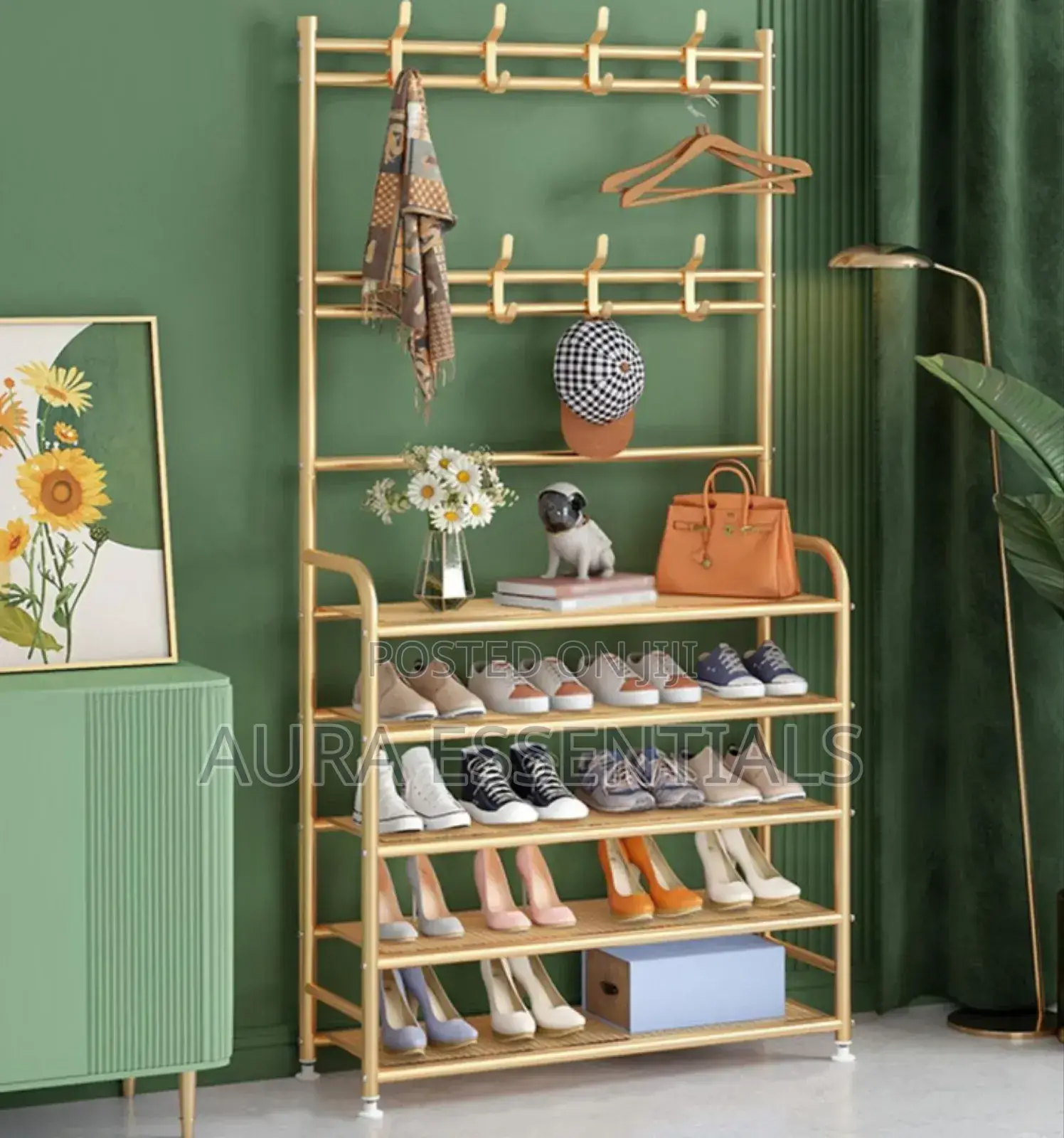 Fully Metallic Large Golden Shoe Rack With Coat Hanger