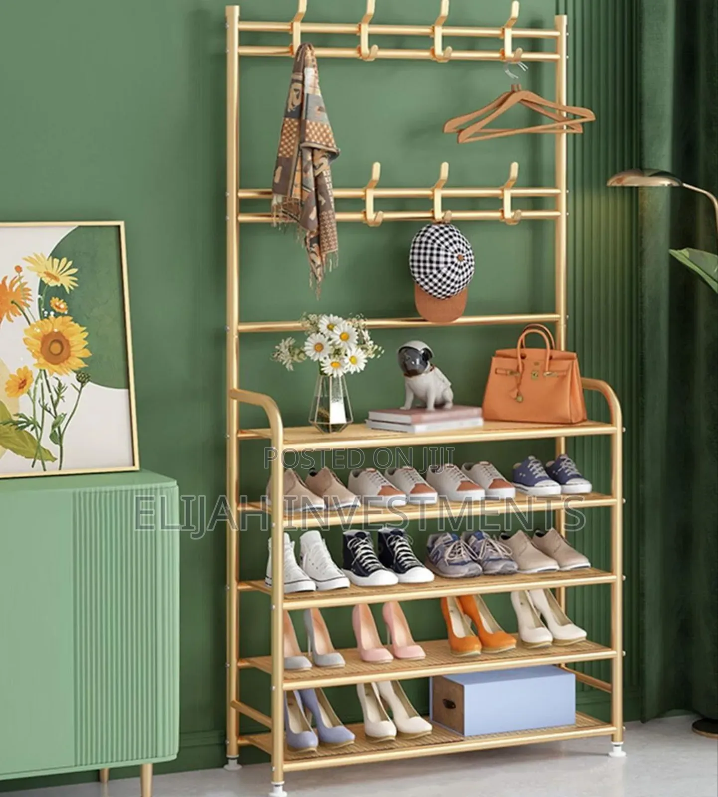 Fully Metallic Large Golden Shoe Rack With Coat Hanger