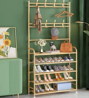 Fully Metallic Large Golden Shoe Rack With Coat Hanger