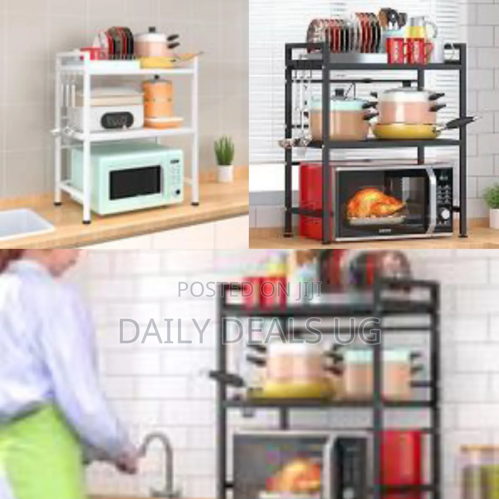 Microwave Oven Rack, Adjustable Shelf Organizer 3-Tiers With 3 Hooks