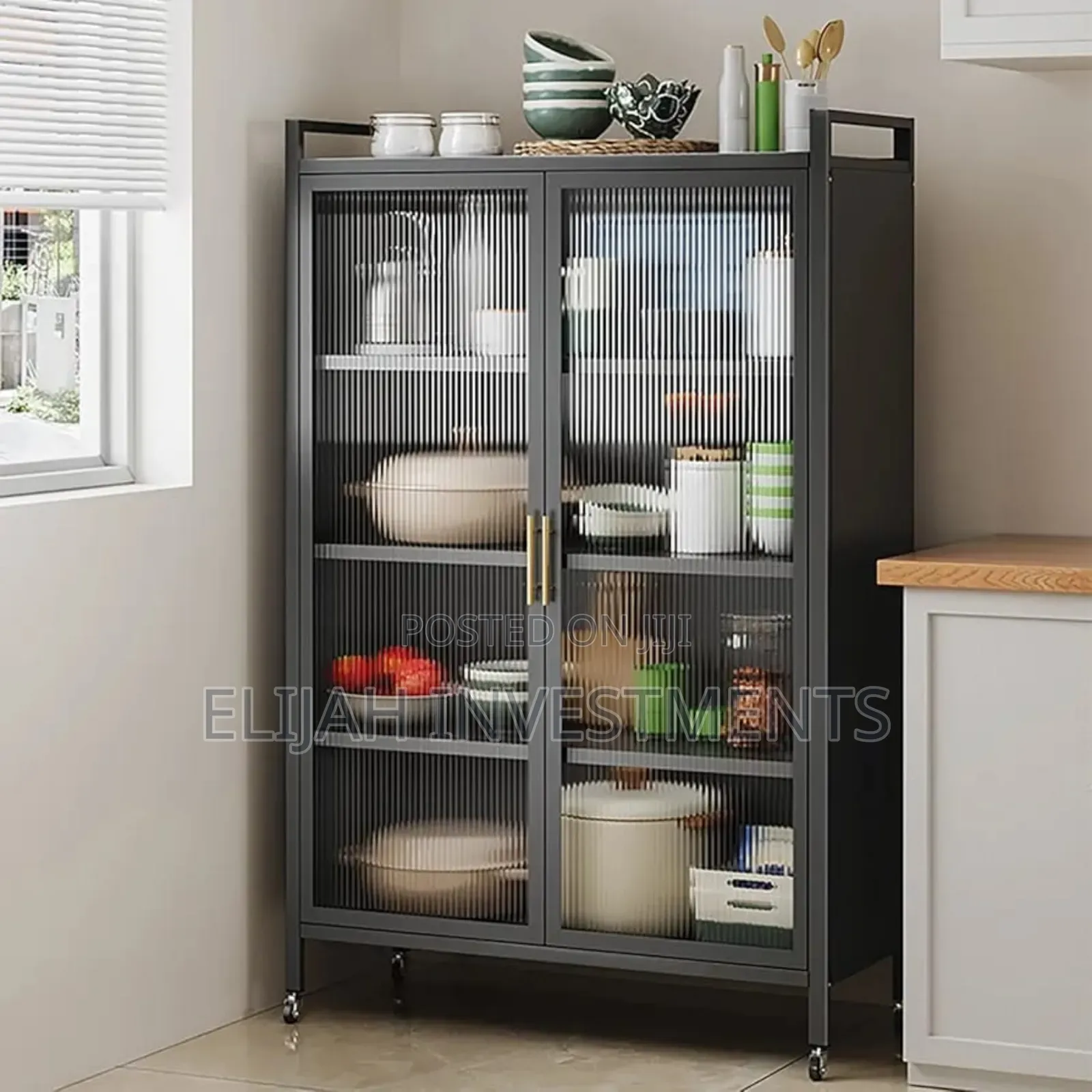Metal Kitchen Multifunction Double Door Organiser Rack With Shelves