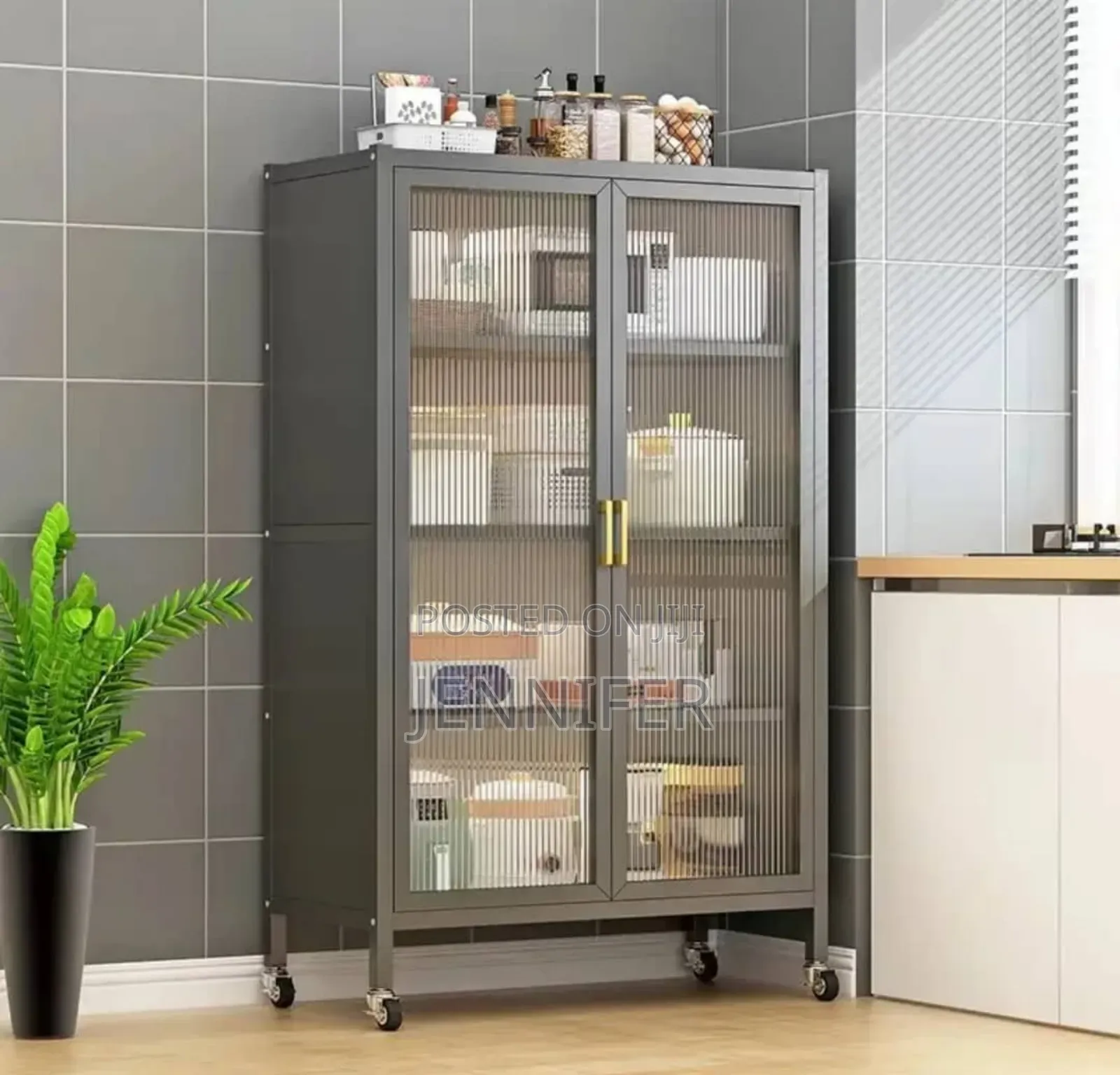 Metal Kitchen Multifunction Double Door Organiser Rack With Shelves