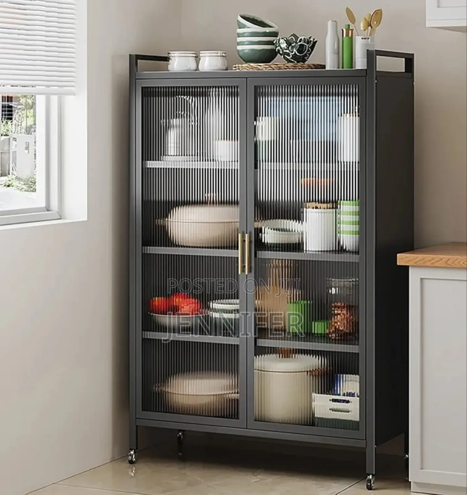 Metal Kitchen Multifunction Double Door Organiser Rack With Shelves