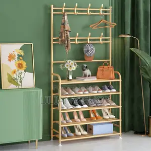Fully Metallic Large Golden Shoe Rack With Coat Hanger