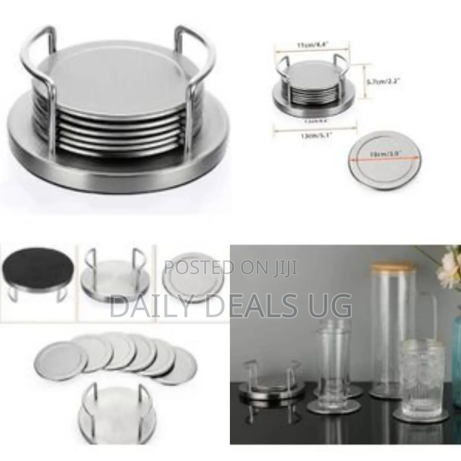 Set of 6 Stainless Steel Round Coasters With Holder Sponge Bottom