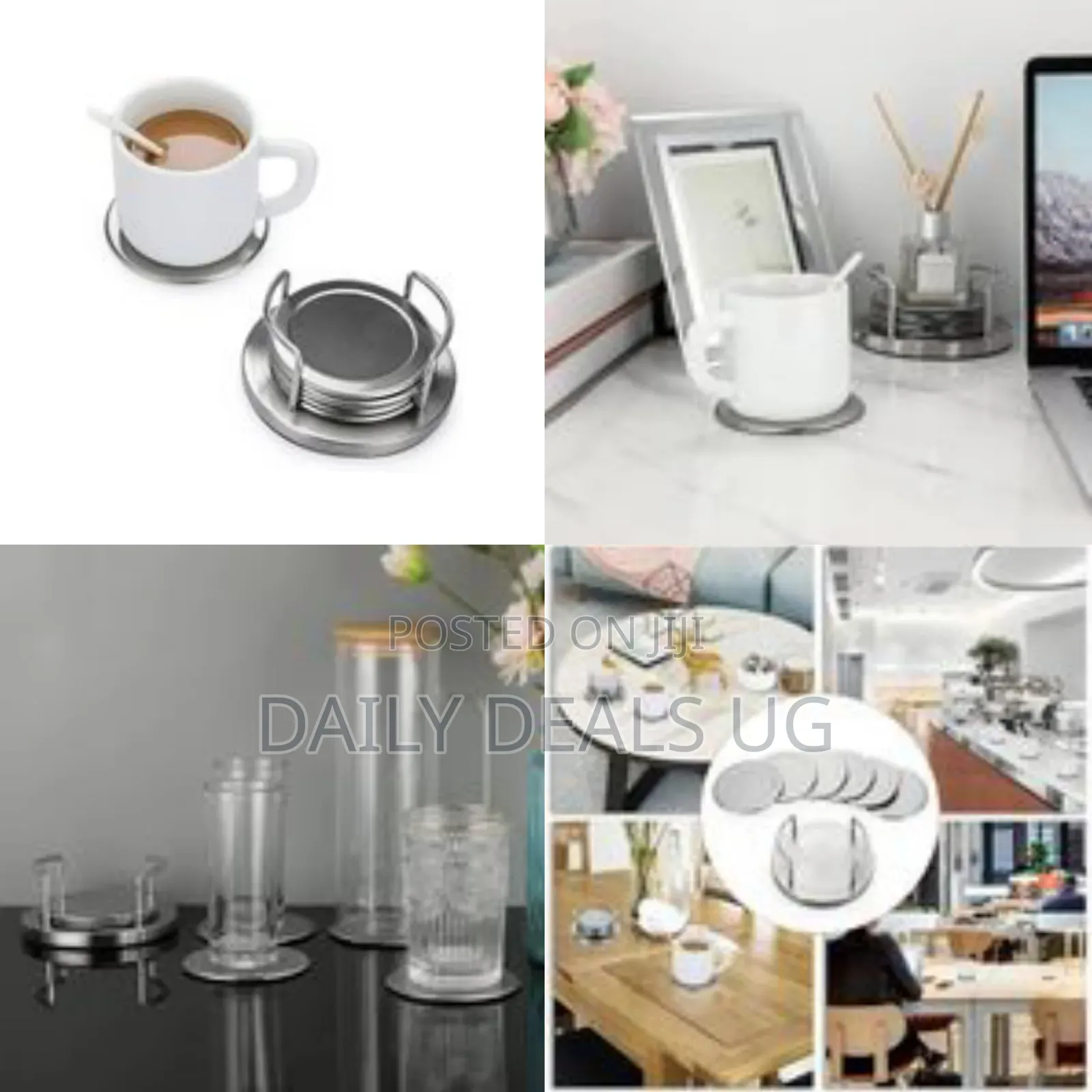 Set of 6 Stainless Steel Round Coasters With Holder Sponge Bottom