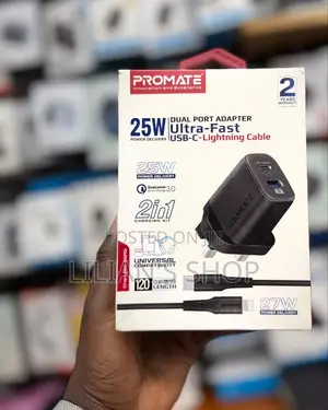 Promate 25w Dual Port Adapter Ultra Fast Usb-C to Lightning Cable