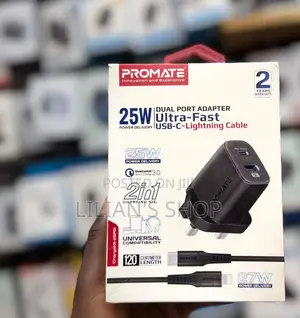 Promate 25w Dual Port Adapter Ultra Fast Usb-C to Lightning Cable