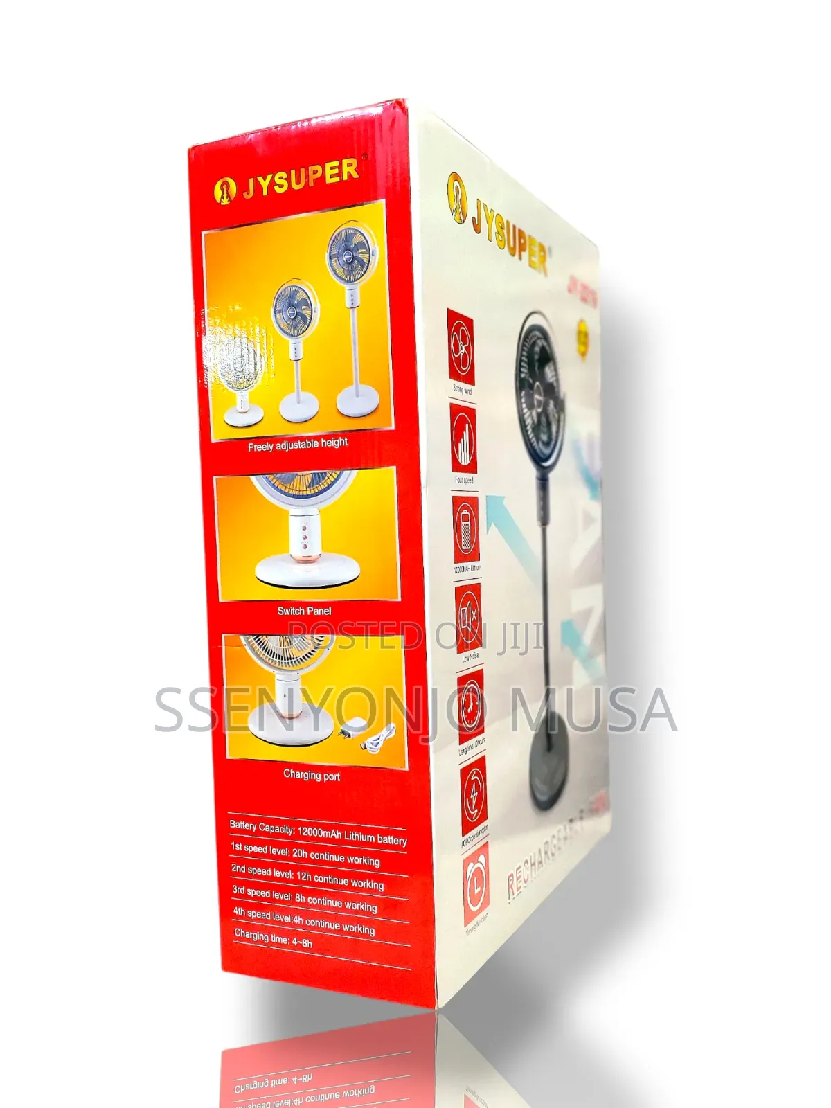 Jysuper 12" Rechargeable Fan - 12000mah Battery, 4-Speed