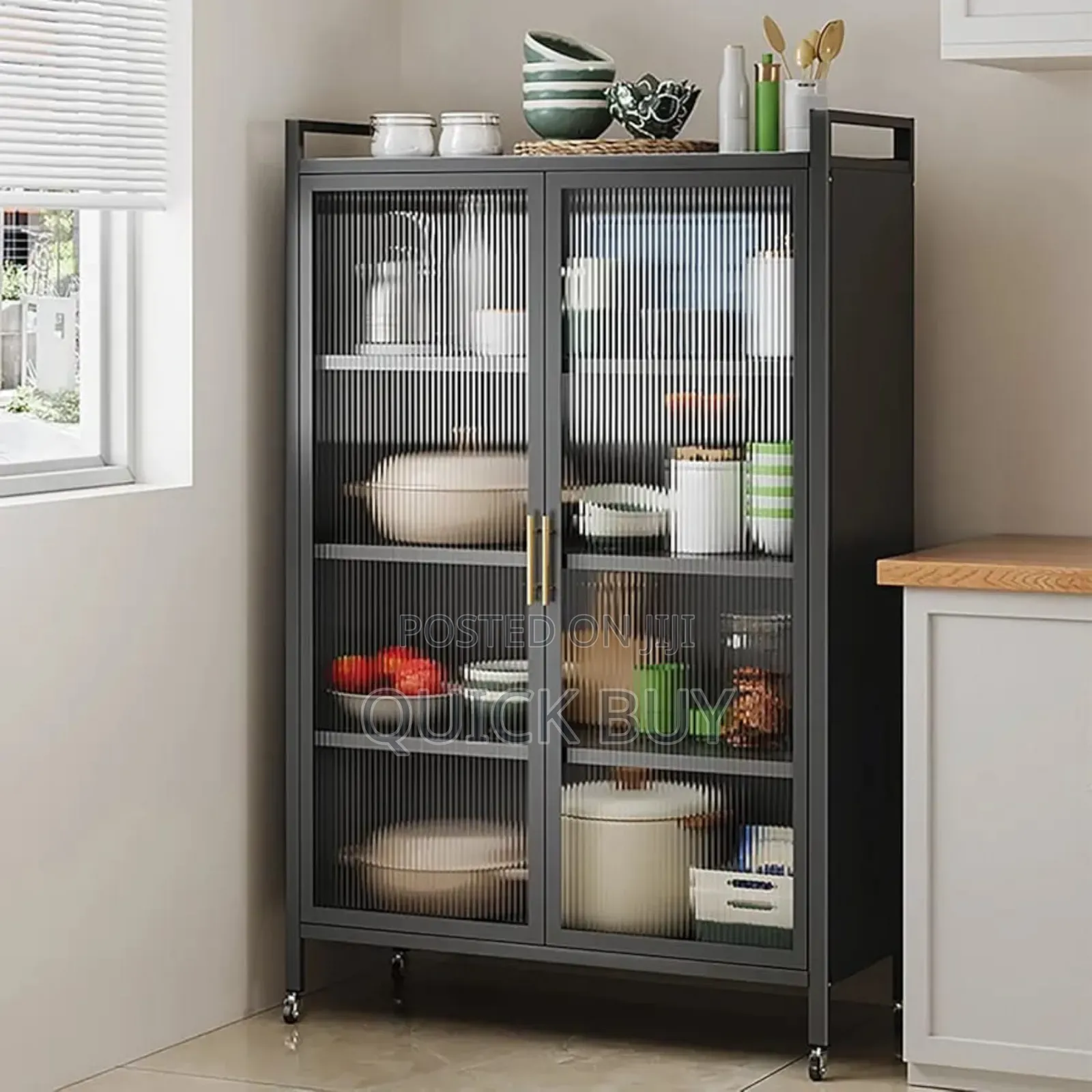 Metal Kitchen Multifunction Double Door Organiser Rack With Shelves