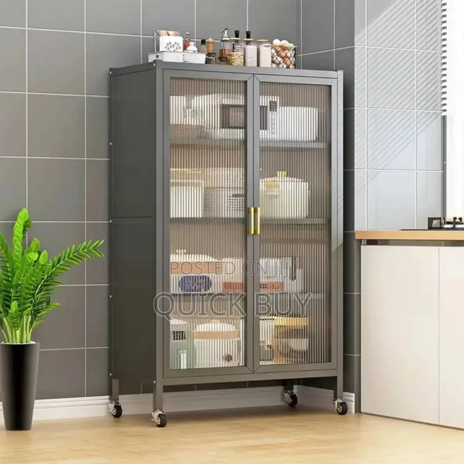 Metal Kitchen Multifunction Double Door Organiser Rack With Shelves