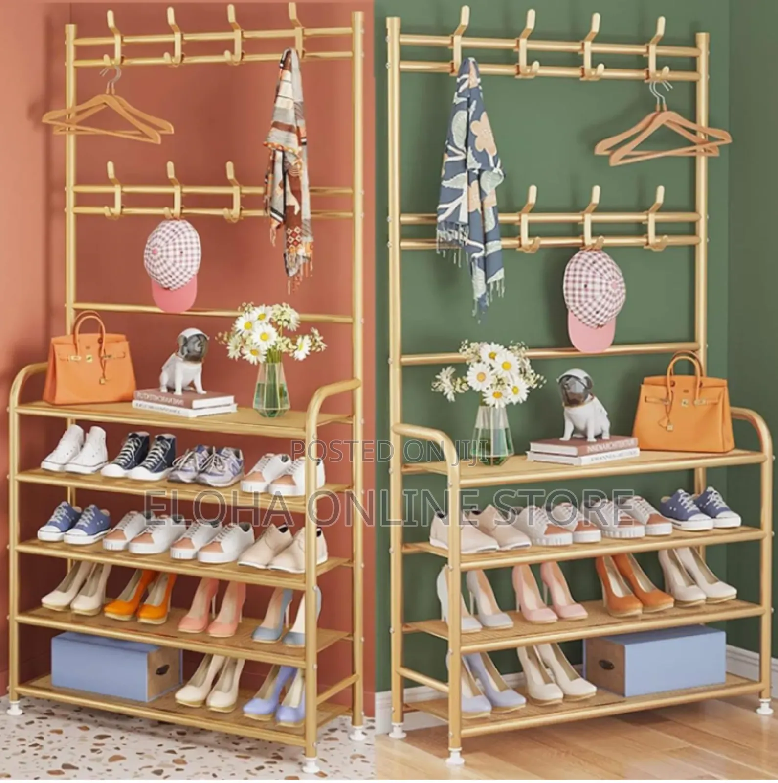 Fully Metallic Large Golden Shoe Rack With Coat Hanger
