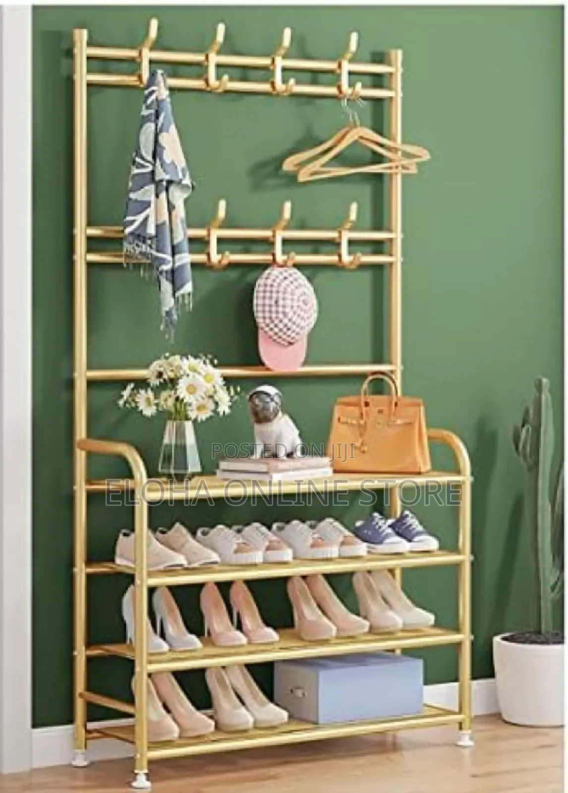 Fully Metallic Large Golden Shoe Rack With Coat Hanger