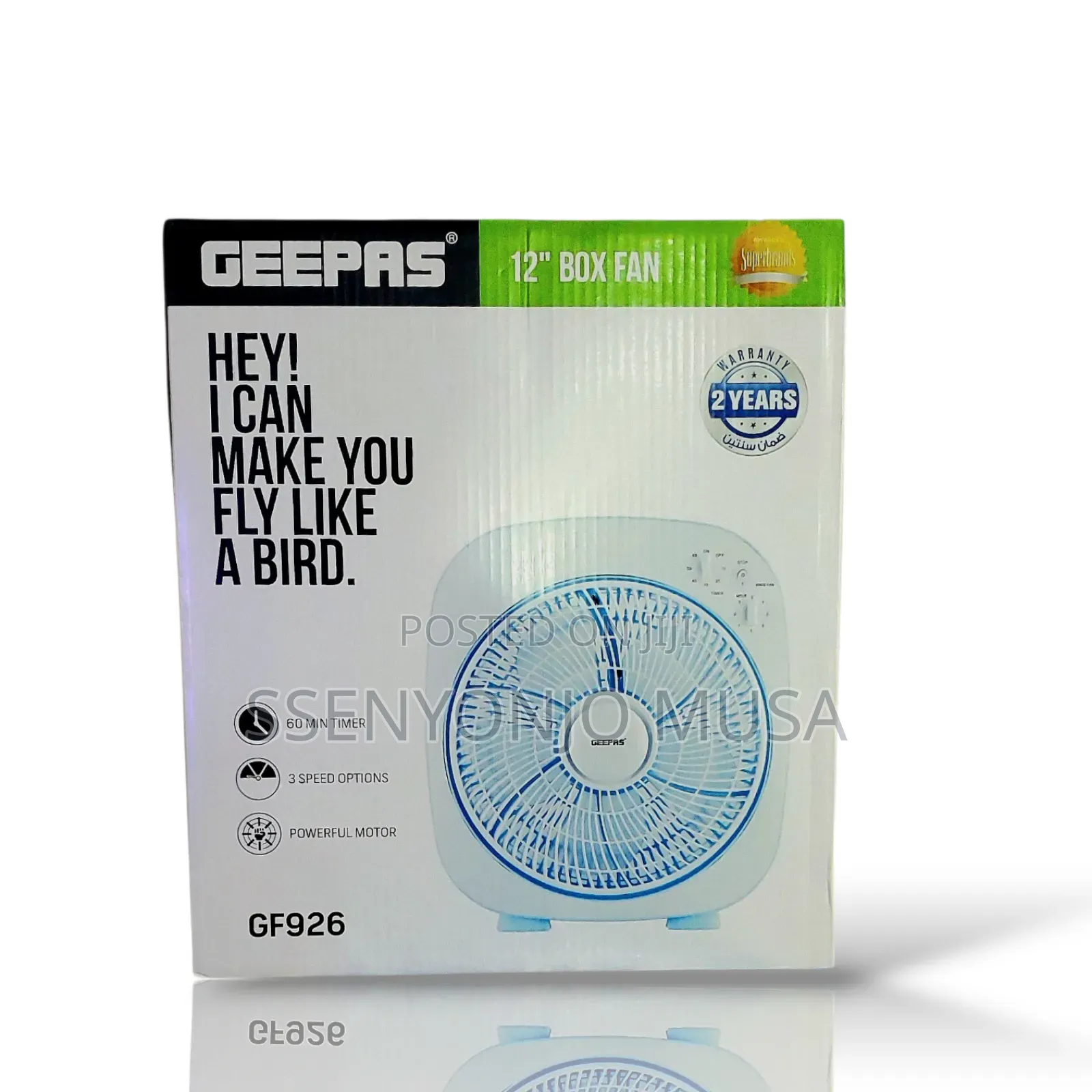 Geepas Box Fan Top Counter Gf926 12" With 3 Speed Control Timer