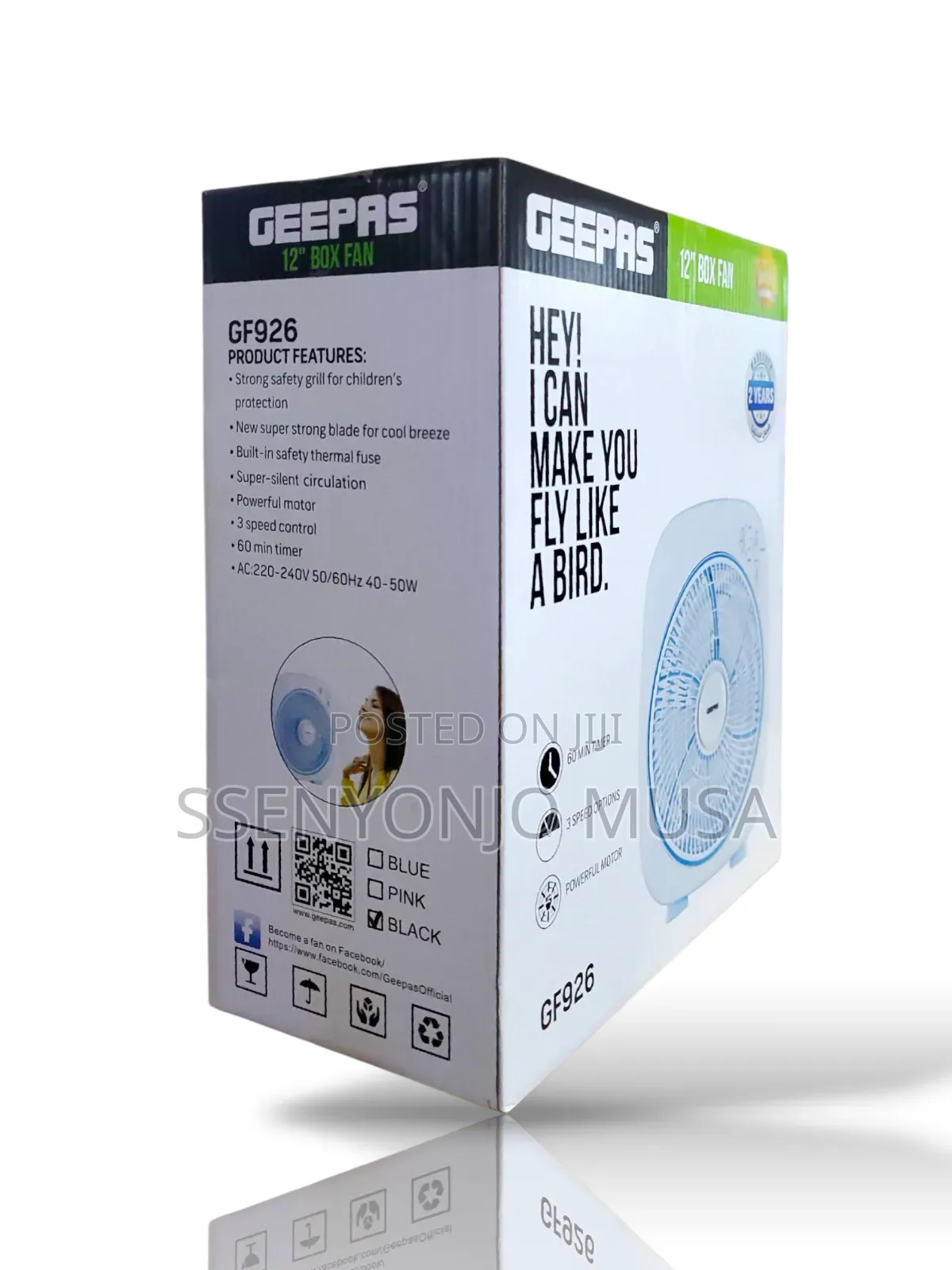 Geepas Box Fan Top Counter Gf926 12" With 3 Speed Control Timer