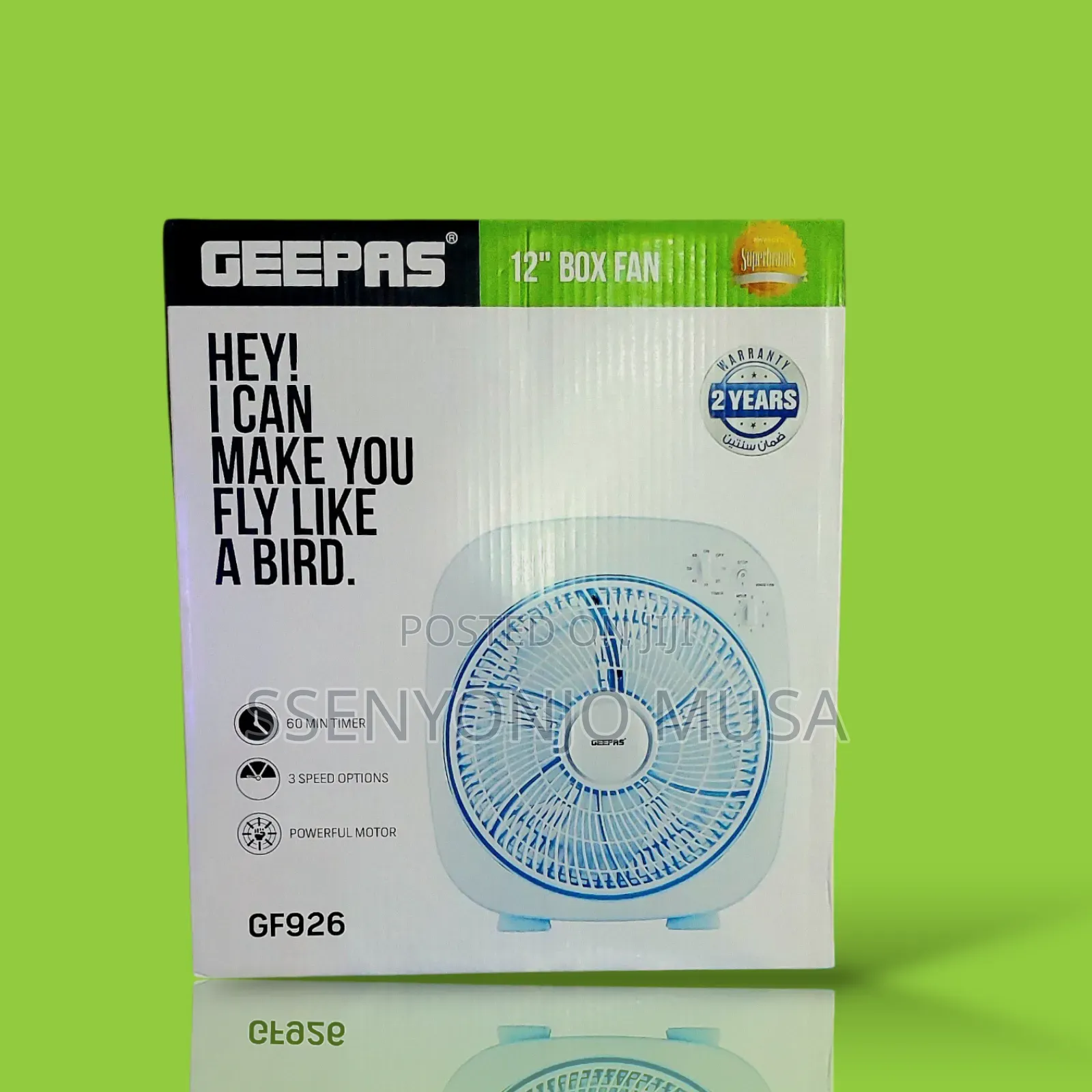 Geepas Box Fan Top Counter Gf926 12" With 3 Speed Control Timer