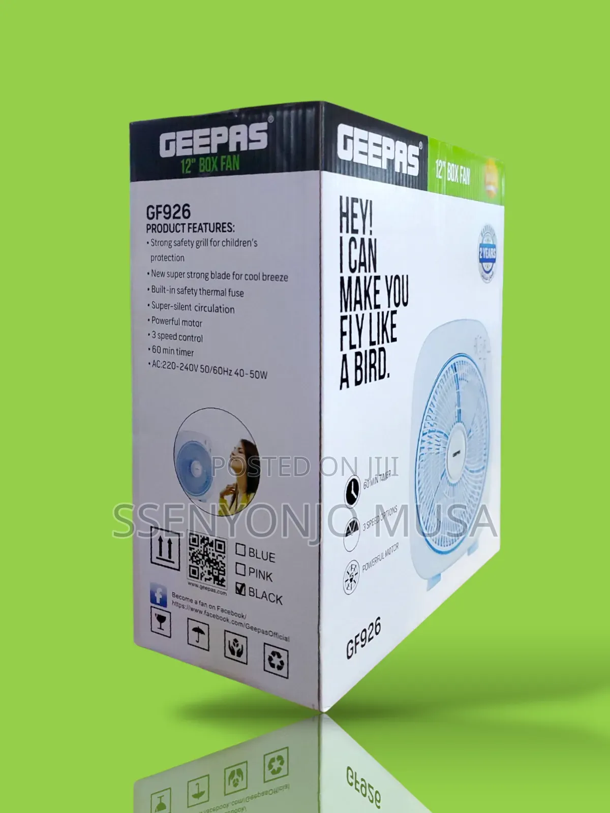 Geepas Box Fan Top Counter Gf926 12" With 3 Speed Control Timer