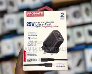 Promate 25w Dual Port Adapter Ultra Fast Usb-c To Lightning Cable