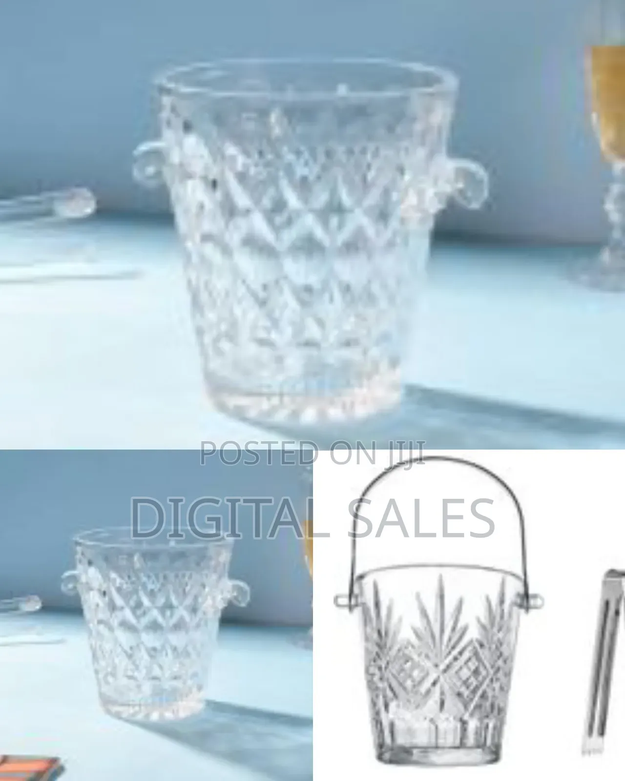 Elegant Clear Crystal Ice Bucket With Ice Tong and Handle, Wine Cooler