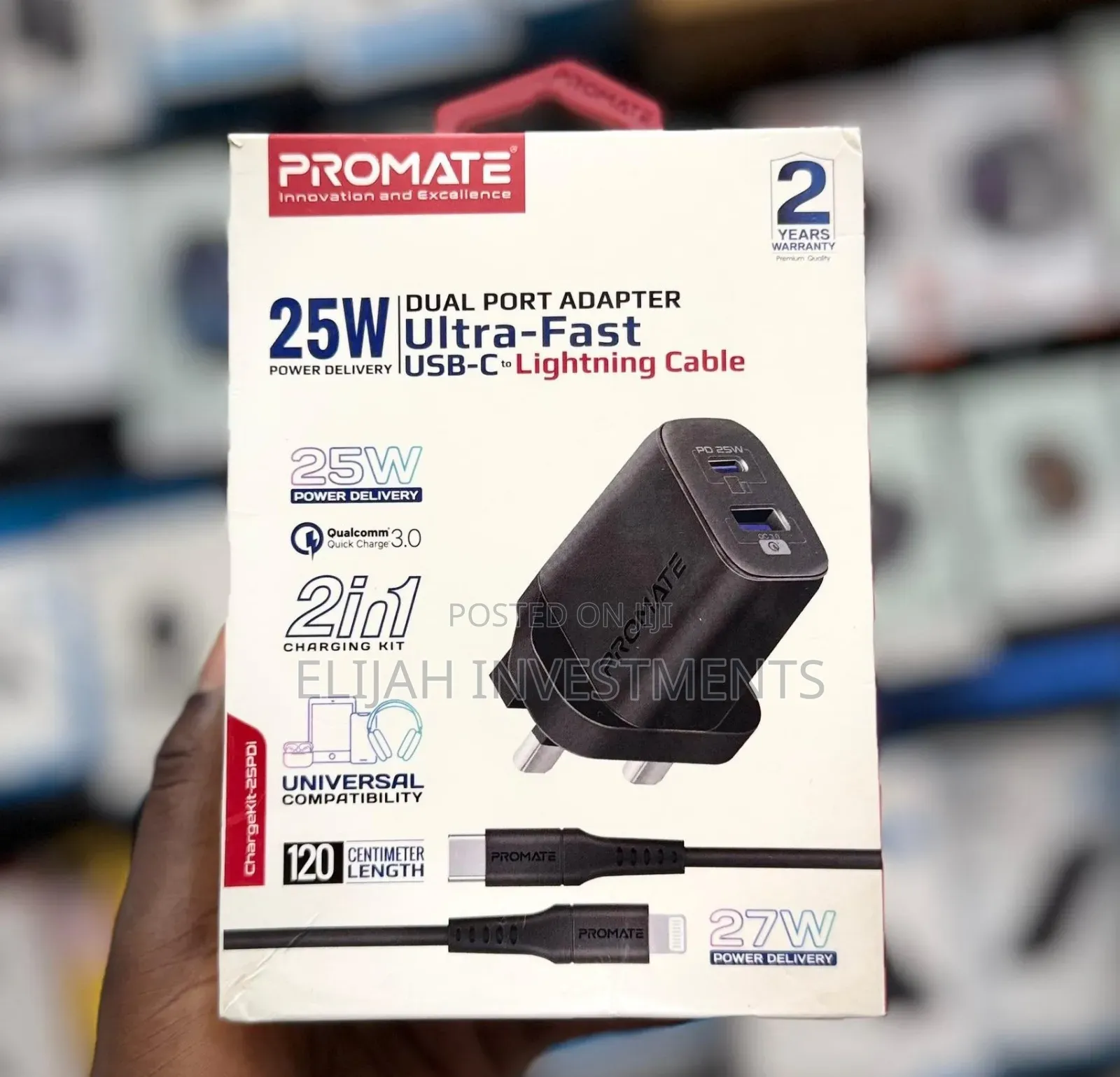 Promate 25w Dual Port Adapter Ultra Fast Usb-C to Lightning Cable