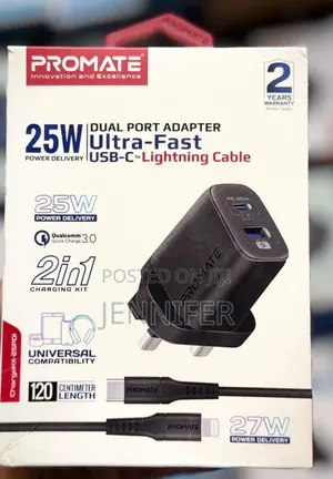 Promate 25w Dual Port Adapter Ultra Fast Usb-C to Lightning Cable