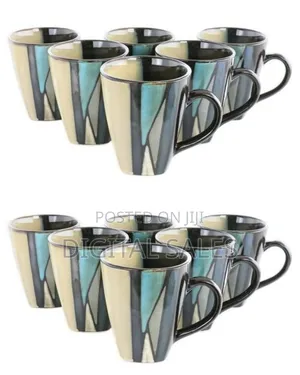 6 Pieces of Ceramic Blue Lined Square Coffee Tea Cups Drinking Mugs