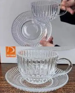 6 Pieces of Clear Ribbed Glass Tea Cups and Saucers Sets Coffee Mugs