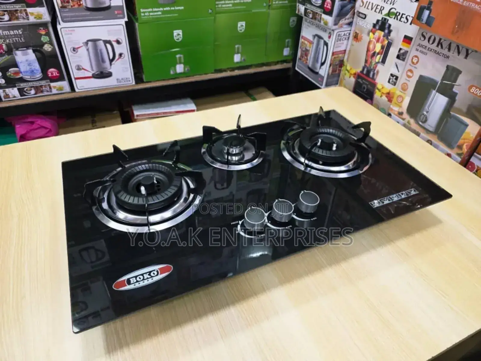 Boko 3-Burner Gas Cooktop With a Black Tempered Glass Surface.