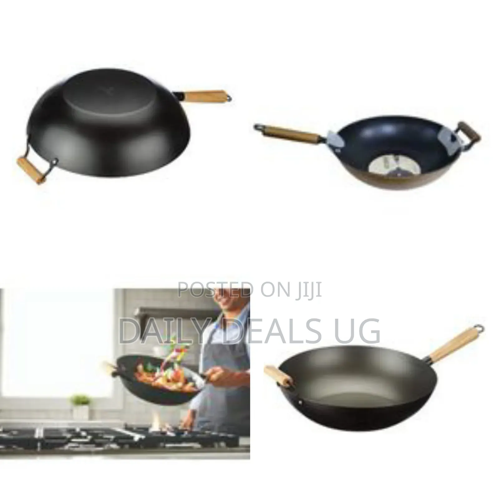 32cm Non-Stick Wok Stir Frying Pan Saucepan With Wooden Handle- Black
