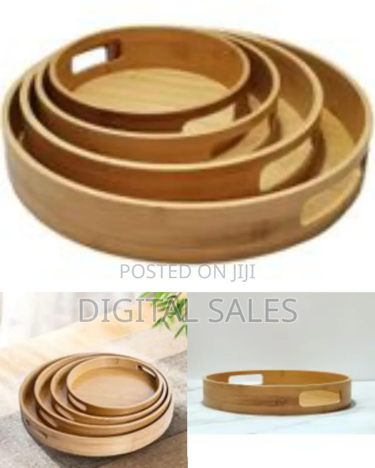 Set of 3 Bamboo Wood Natural Round Party Bar Serving Trays