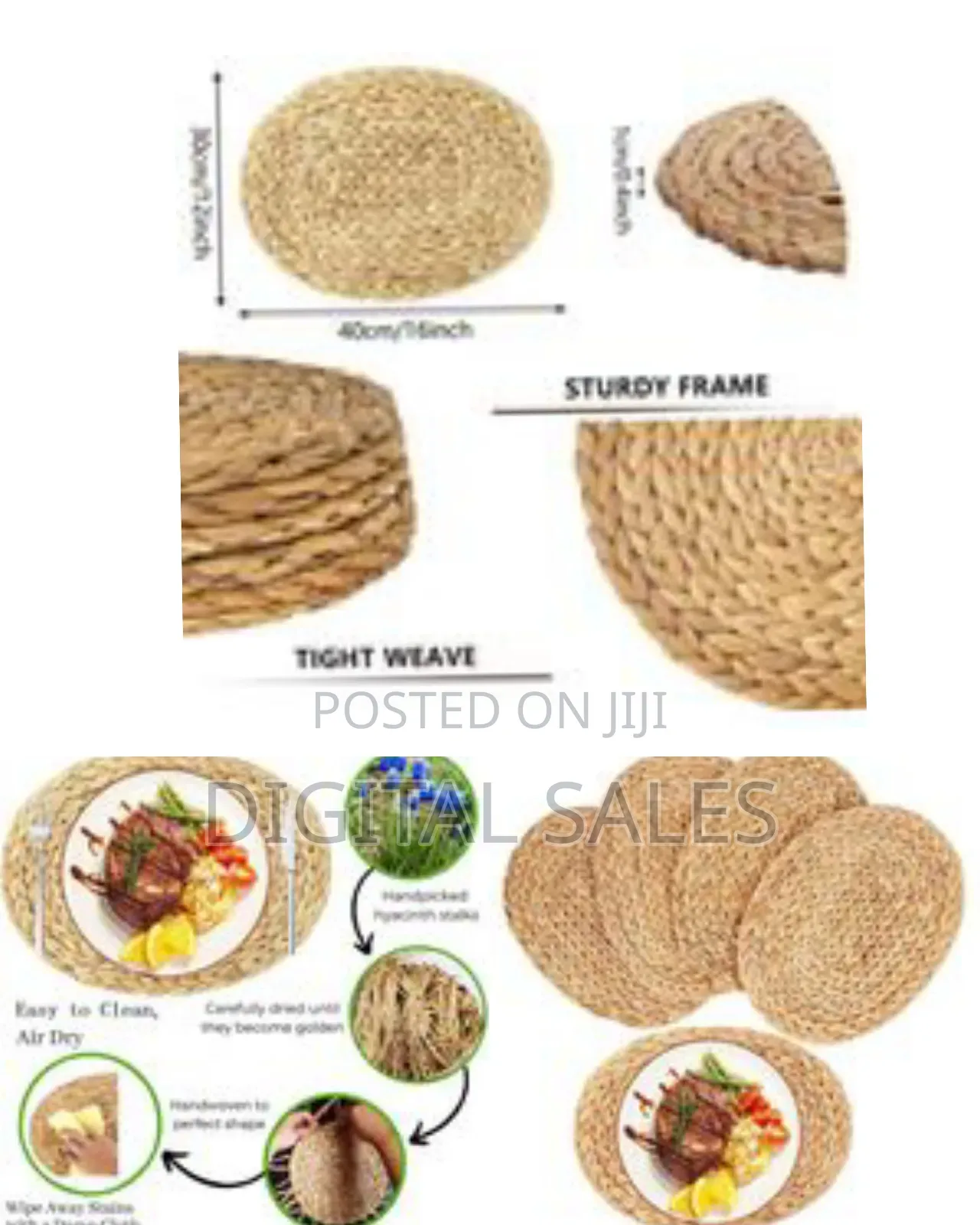 6 Pieces of Oval Woven Placemats, Natural Water Hyacinth Placemats