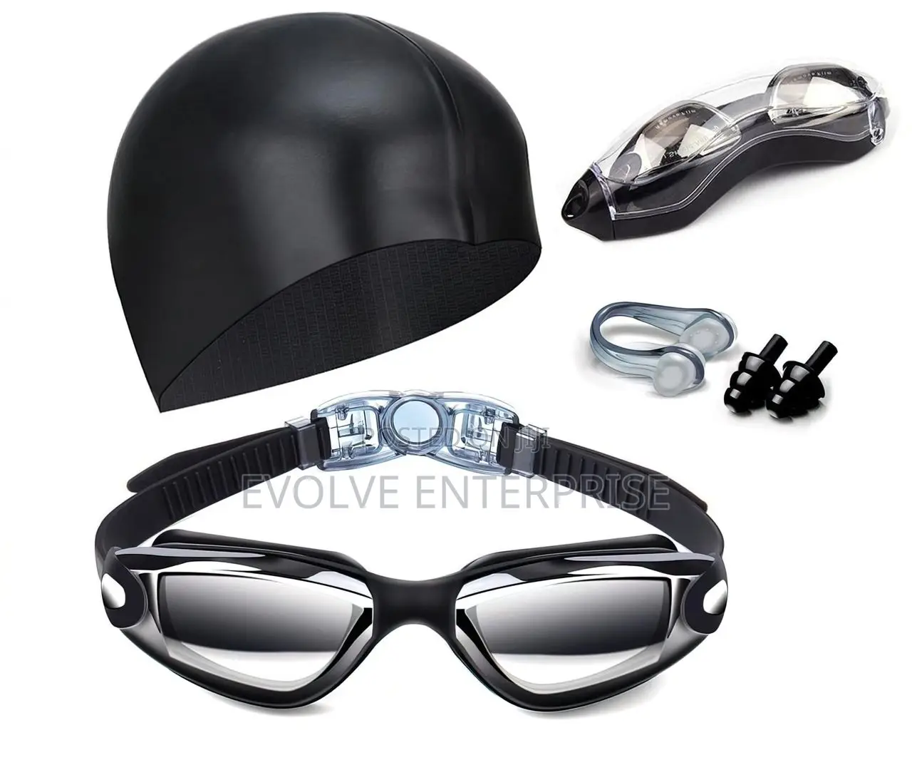 Swimming Goggles Set With Nose Clip, Earplugs, Swim Cap and Case