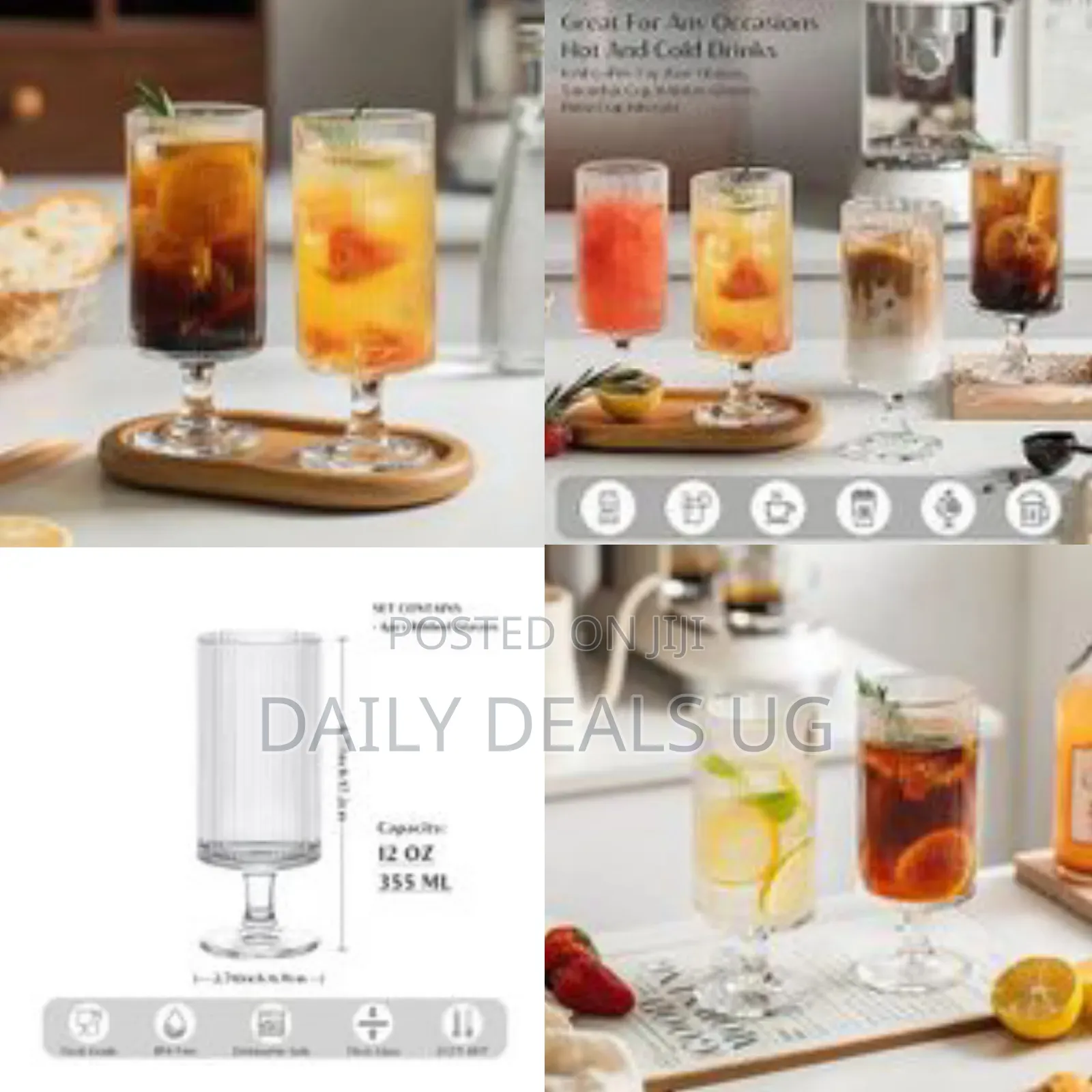 Set of 6 Ribbed Glasses All Purpose Water Goblet Cups 500ml Drinking